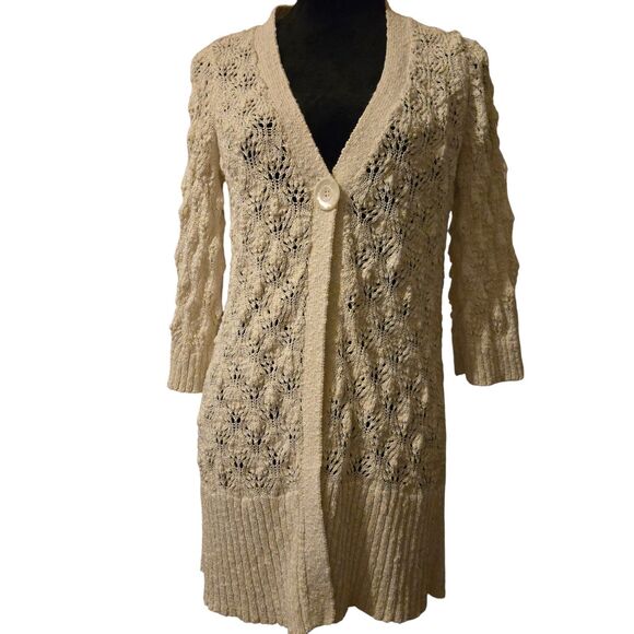 Intuitions M Crochet Woven Sweater Cardigan Knee Length Hippie Festival White - Picture 1 of 9